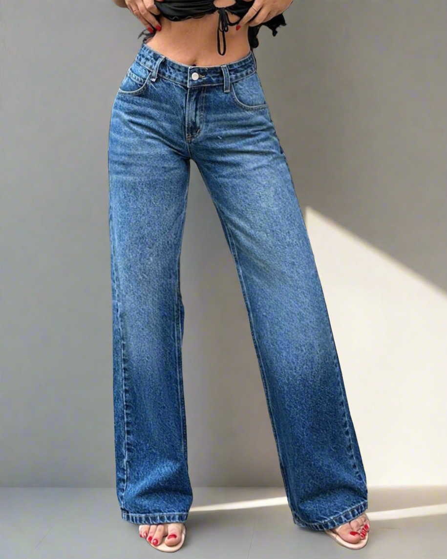 Mid Blue Overcast Wash High Waist Wide Leg Jeans – Offduty India