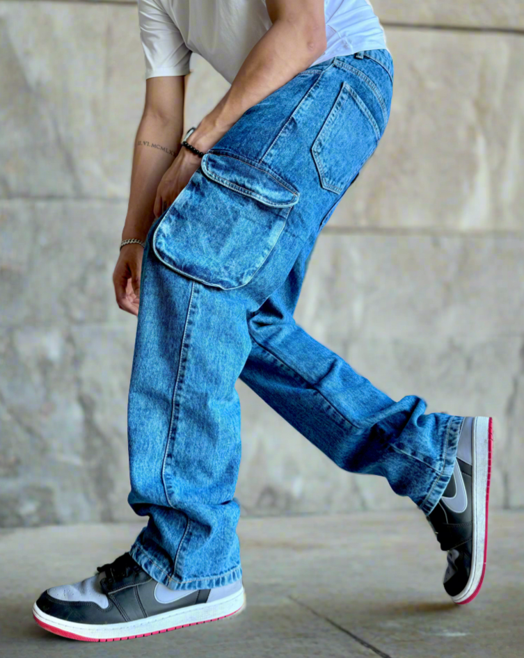 Blue Acid Wash Flap Pocket Side Cargo Jeans – Offduty India