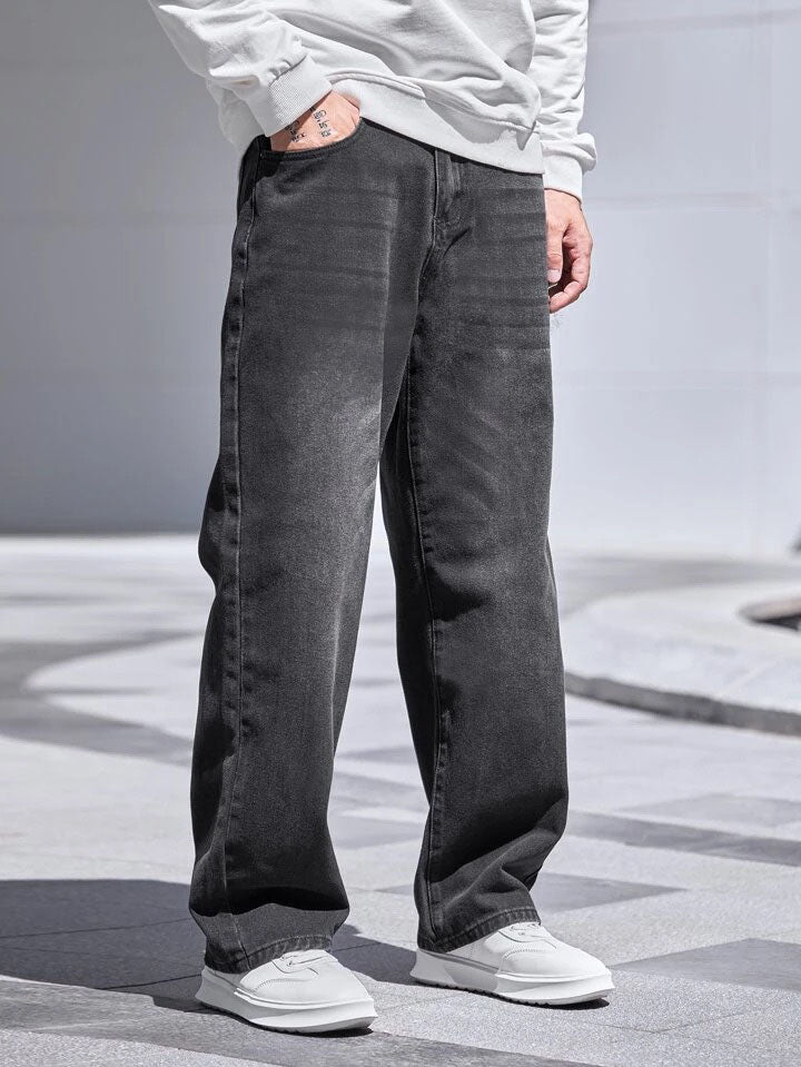 Charcoal Raw Wash Baggy Fit Jeans