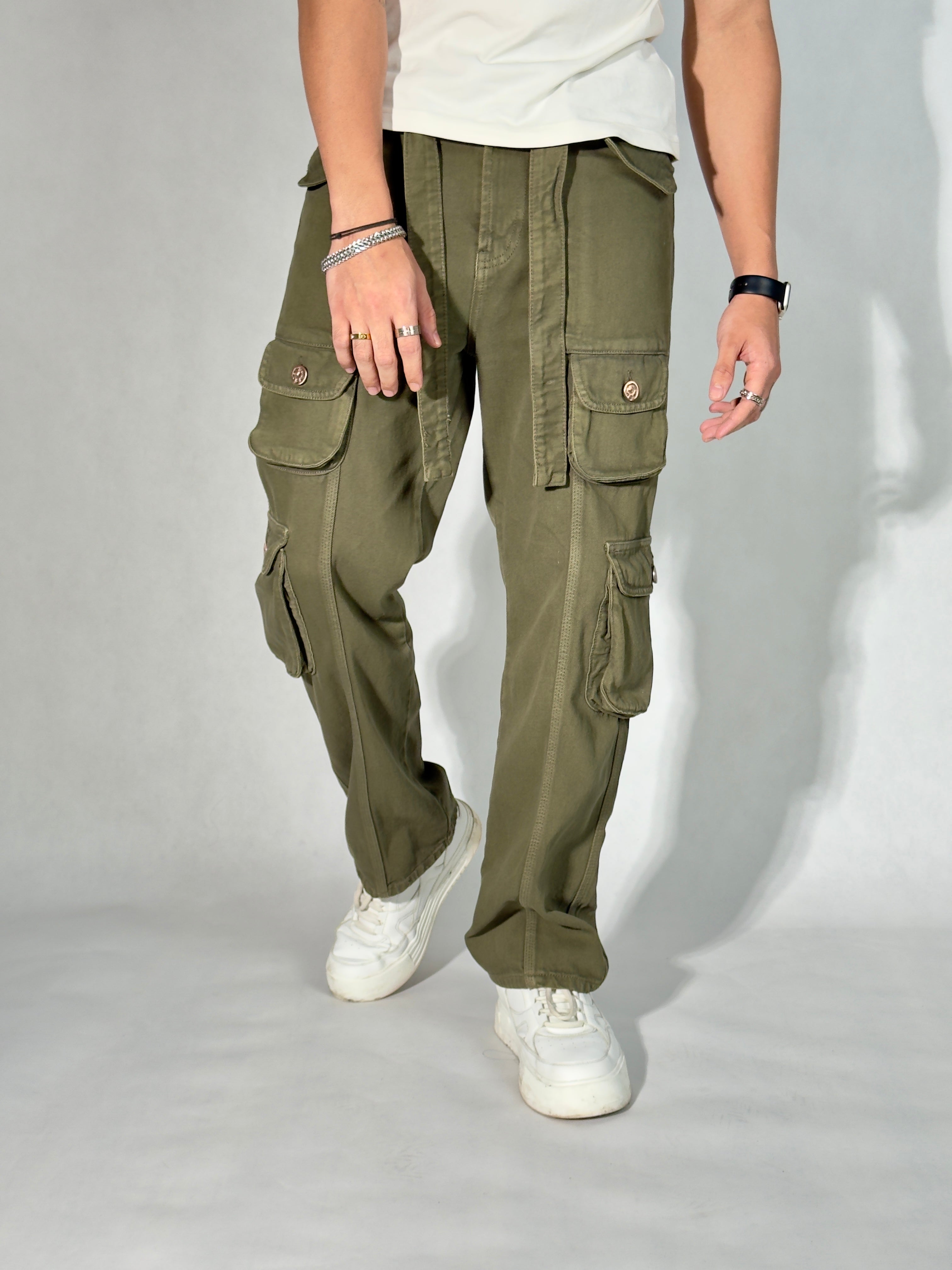 Olive Green Casual Cargo Baggy Jeans - Main Image