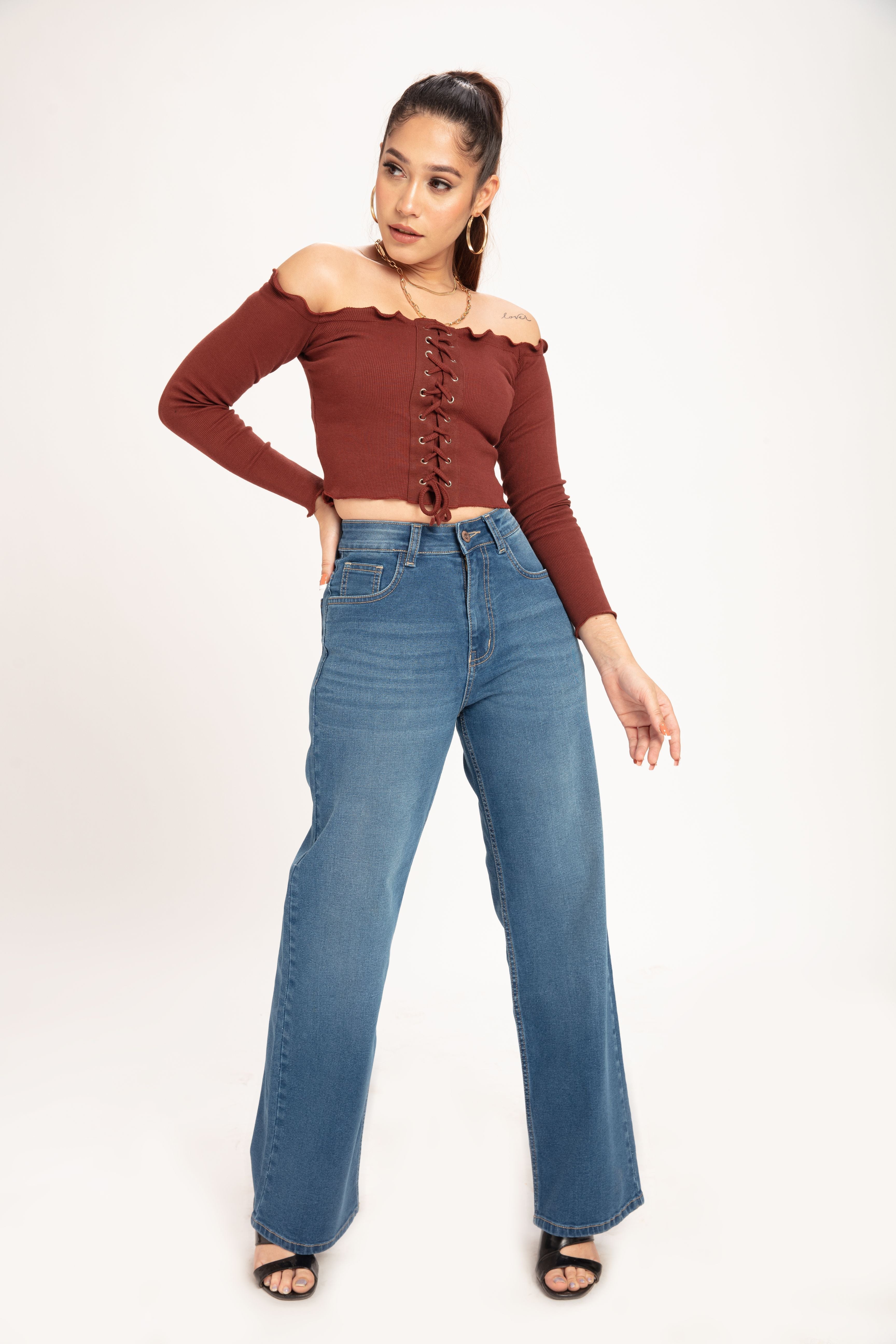 School Blue Korean stretchable wide Leg jeans – Offduty India