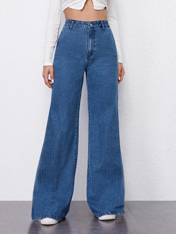Navy Blue Fall Wide Leg High Rise Jeans - Main Image