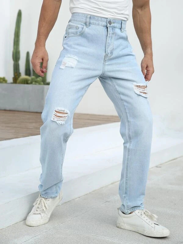 Blue Damage Jeans Sky Blue Torn Straight Leg Baggy Men Jeans