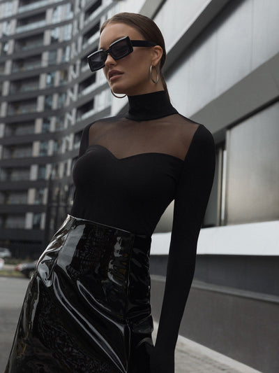 Black Sheer Detail Polo Neck Top