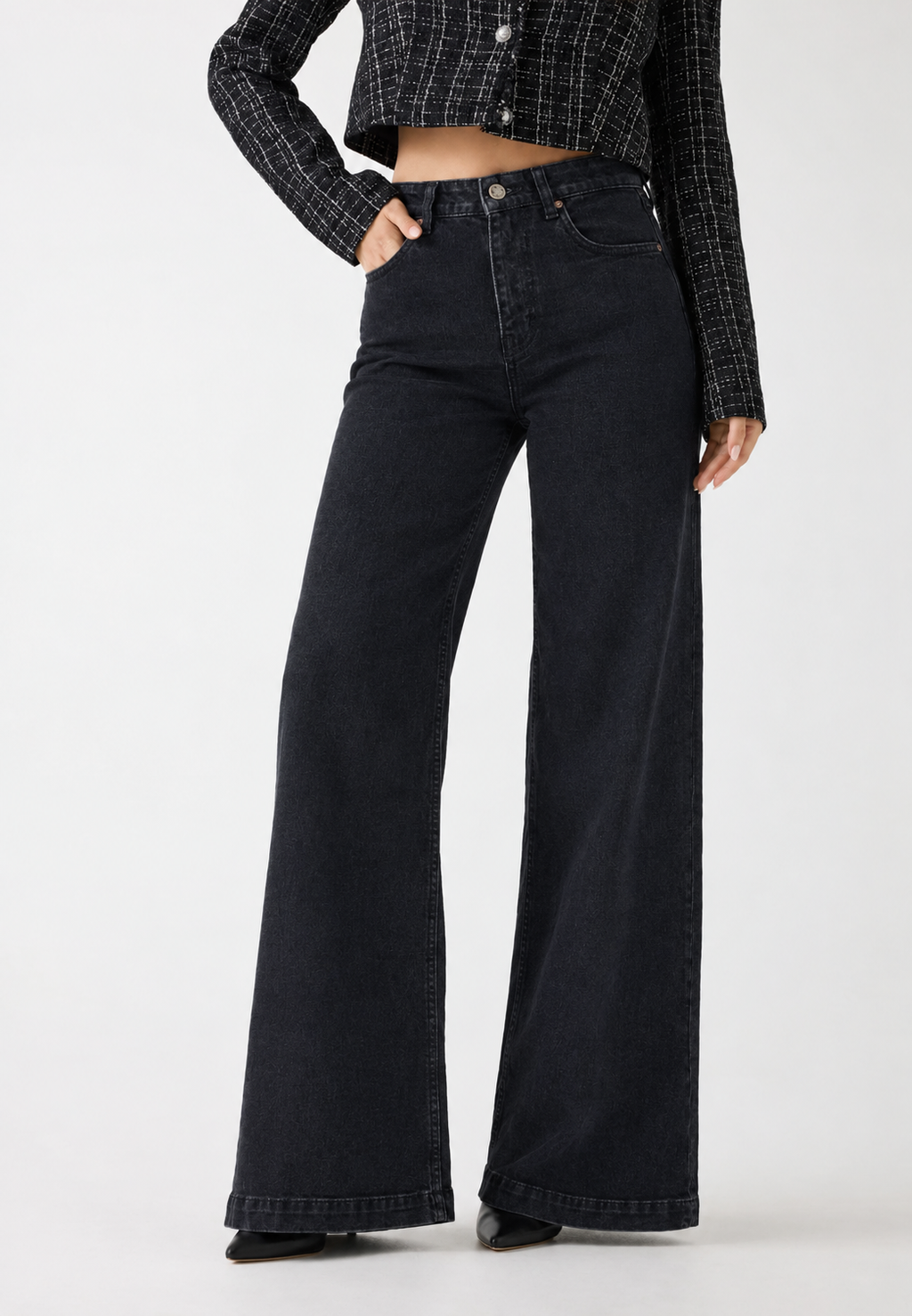Onyx Black Stone Wash Wide Leg High Rise Jeans