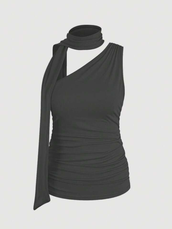 Silky Luxe One Shoulder Top With Scarf