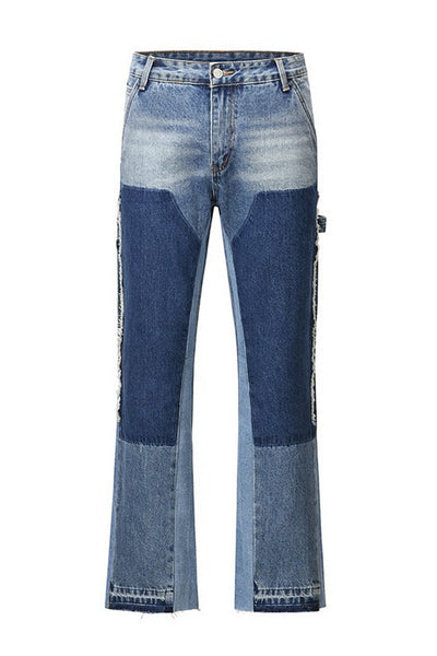 Watch Out Blue Stitched Loose Straight Fit Leg Denim