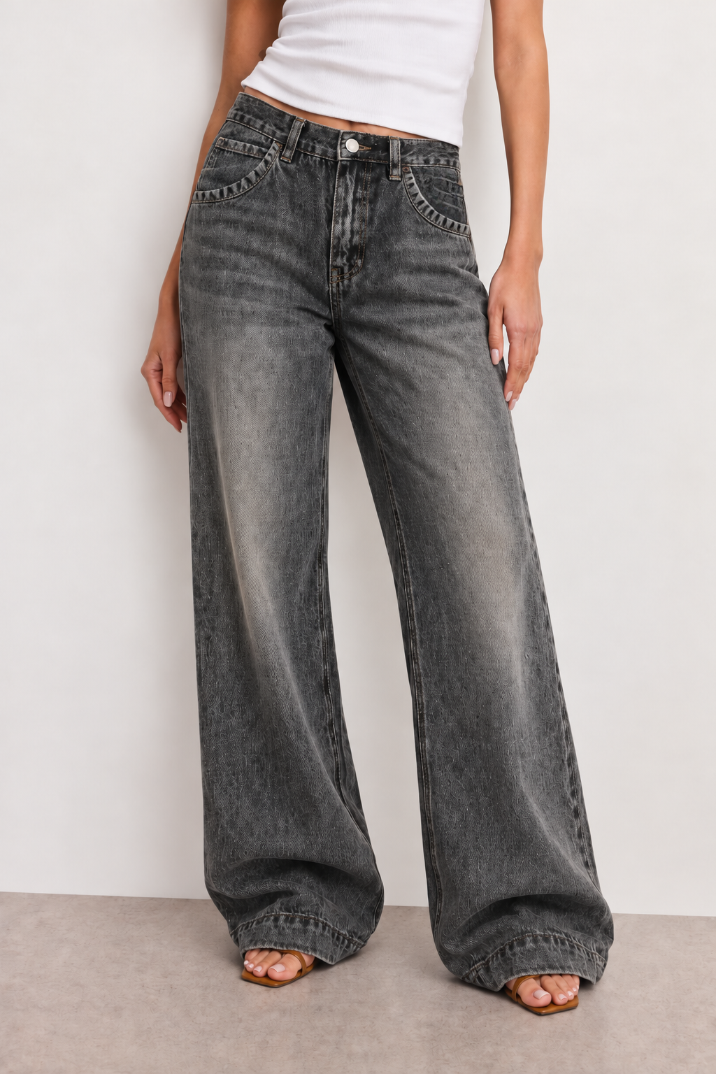 Grey Vintage Washed Wide Leg Baggy Jeans