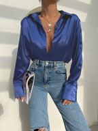 Electric Blue Drop Shoulder Satin Shirt