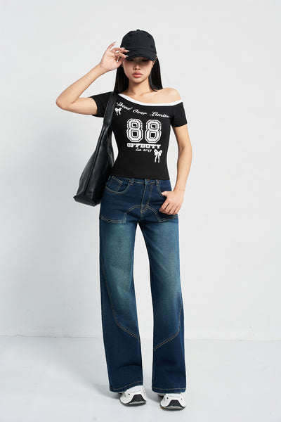 Blue Seam Detail Wide Leg Jeans