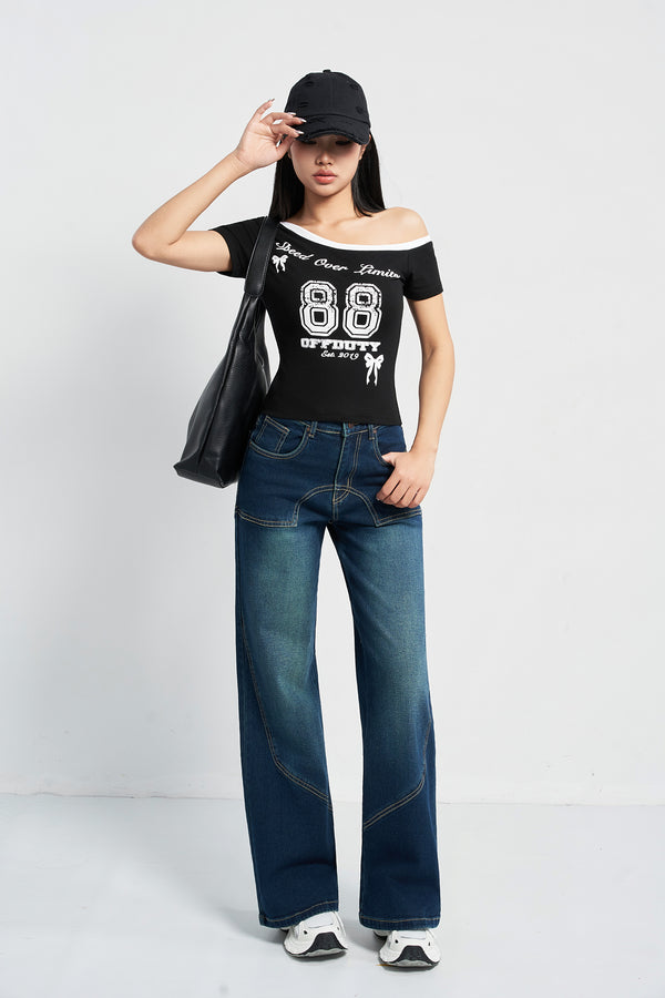 Blue Seam Detail Wide Leg Jeans