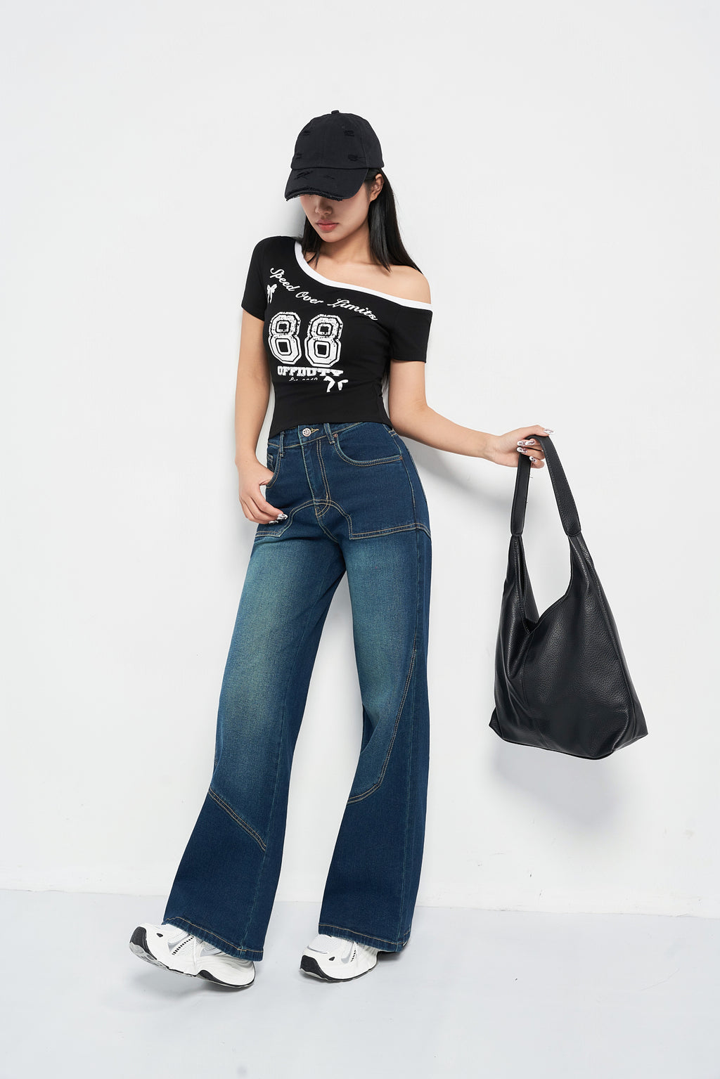 Blue Seam Detail Wide Leg Jeans