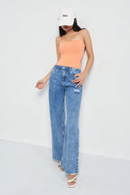 Raw Rip Stone Blue Wide Leg Jeans