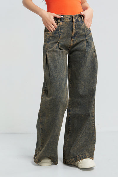Rustic Cocoa Pleated Extra Wide Leg Jeans