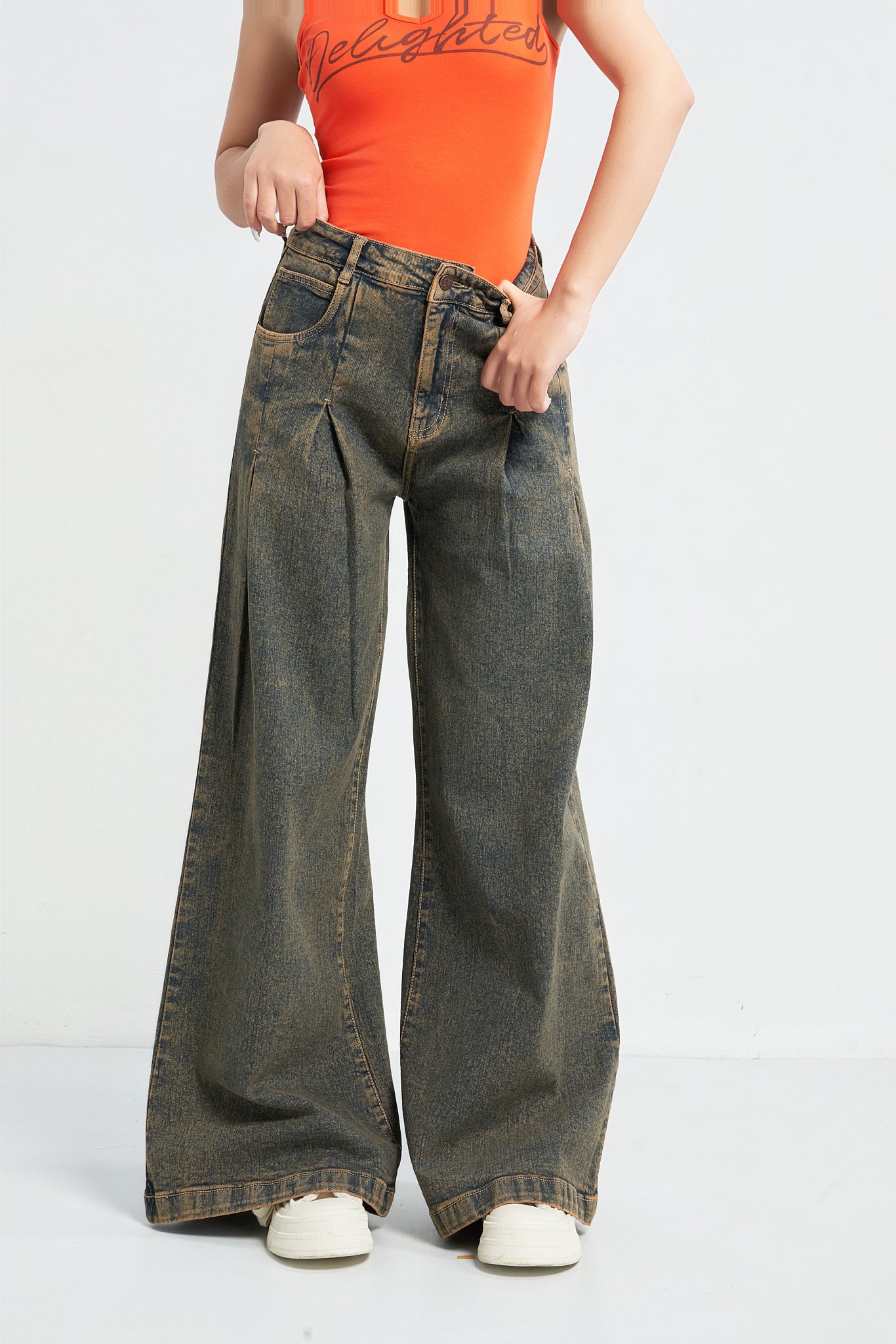 Rustic Cocoa Pleated Extra Wide Leg Jeans
