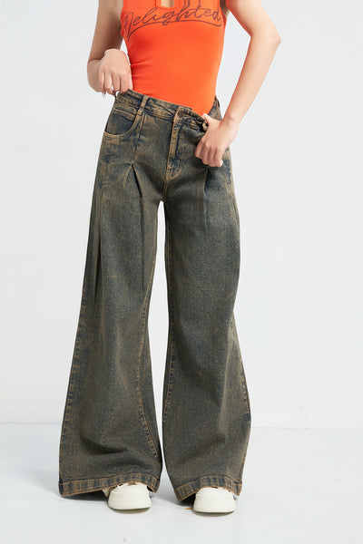 Rustic Cocoa Pleated Extra Wide Leg Jeans