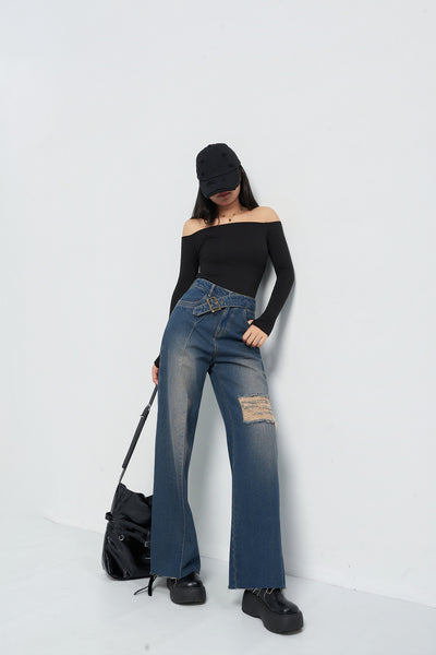Off Beat Distressed Blue Baggy Jeans