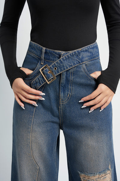 Off Beat Distressed Blue Baggy Jeans