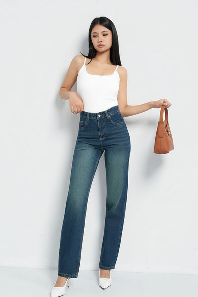 Wash Out Indigo Blue Tailored Straight Leg Jeans