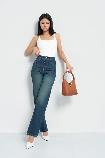 Wash Out Indigo Blue Tailored Straight Leg Jeans