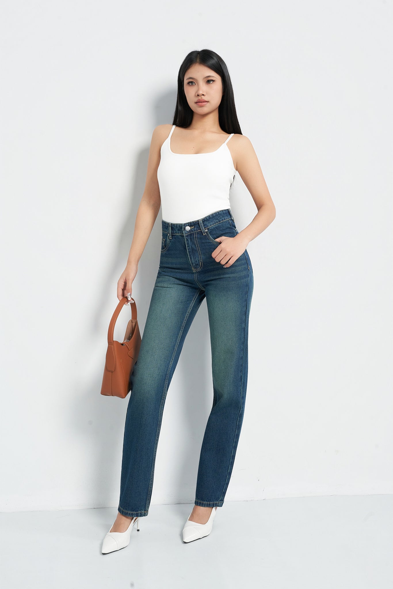 Wash Out Indigo Blue Tailored Straight Leg Jeans