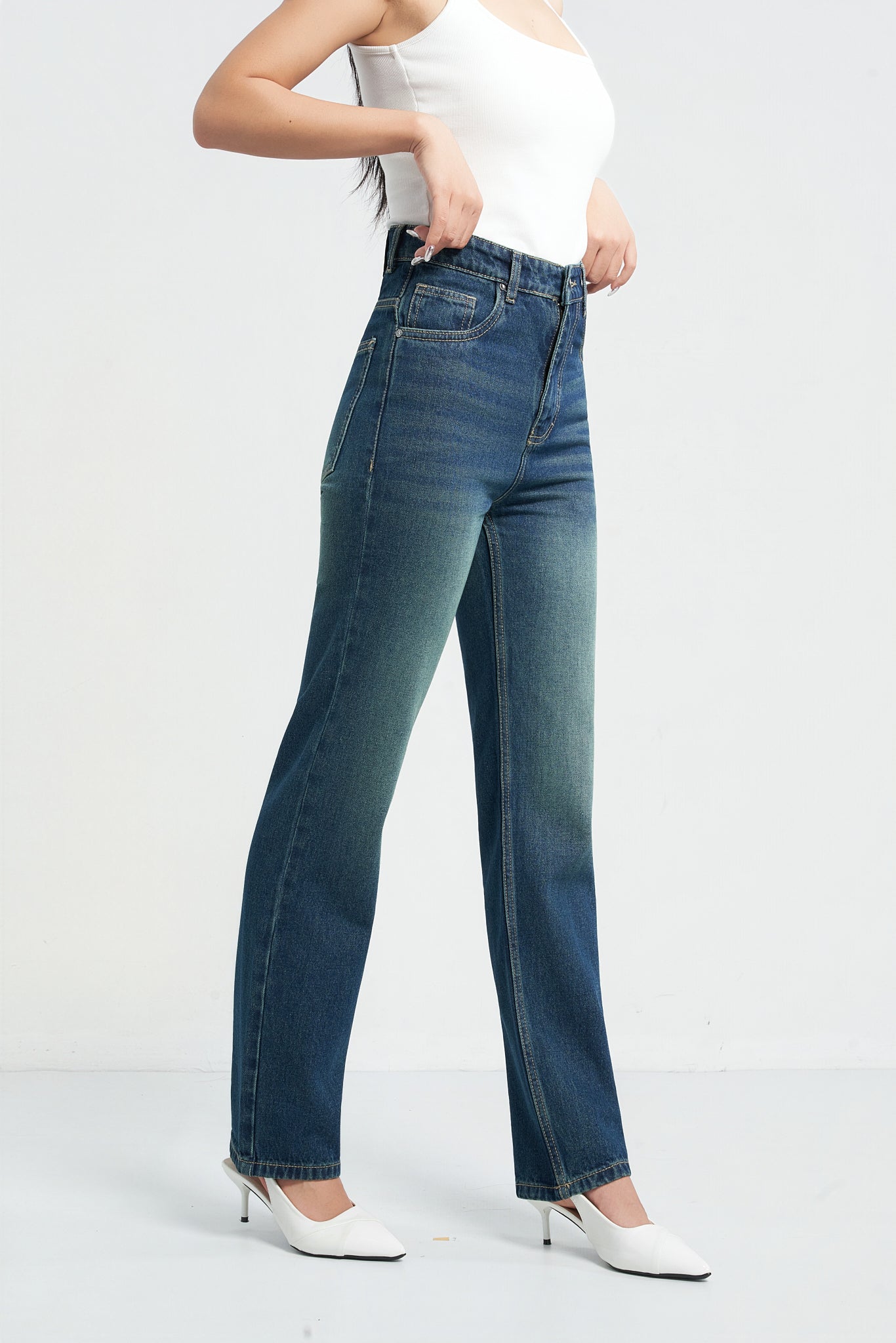 Wash Out Indigo Blue Tailored Straight Leg Jeans