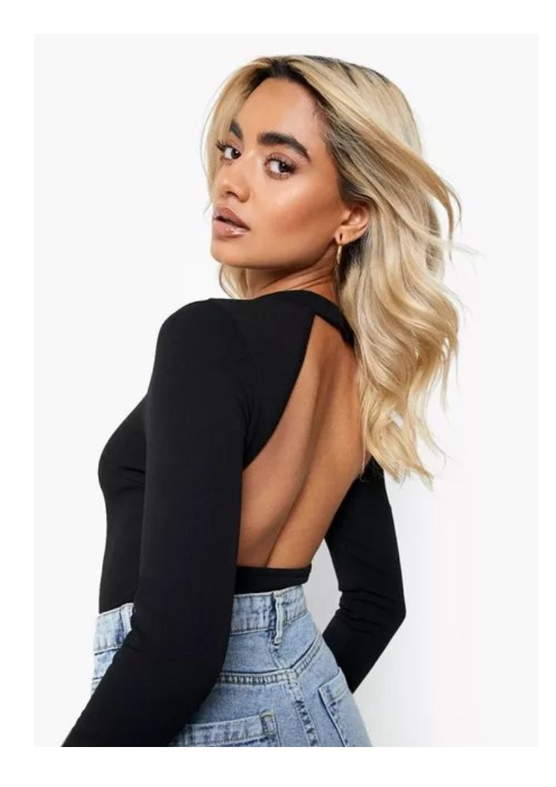 Super Hot Black Open Back Bodysuit