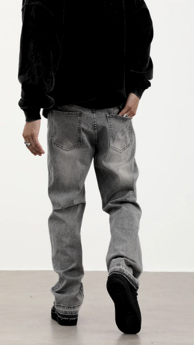 Grey Worn In Wash Loose Fit Straight Leg Denim