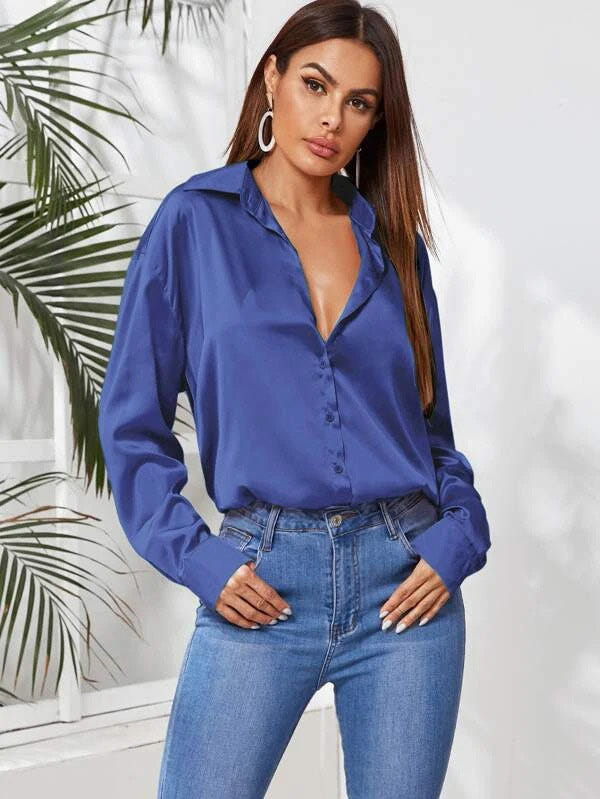 Electric Blue Drop Shoulder Satin Shirt