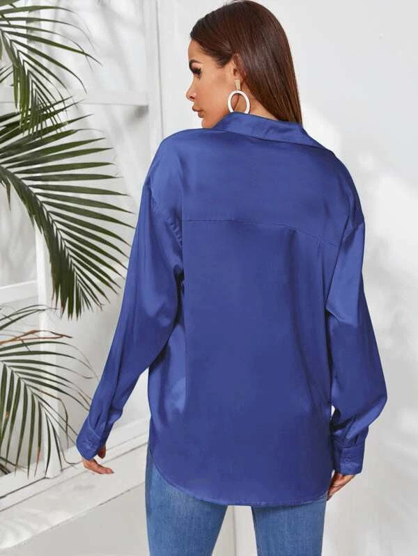 Electric Blue Drop Shoulder Satin Shirt