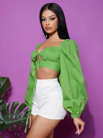 Tie Front Lantern Sleeve Crop Top