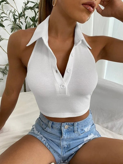 Button Up Collared Halter Crop Top