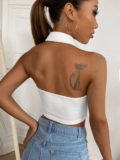 Button Up Collared Halter Crop Top