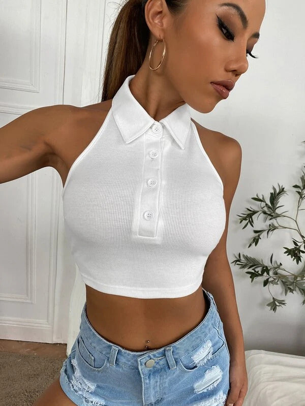 Button Up Collared Halter Crop Top