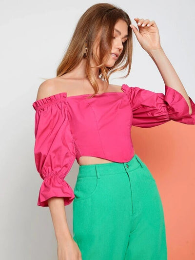 Shirred Flounce Sleeve Bardot Top