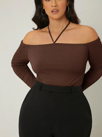 Drop Shoulder Brown Plus Size Top