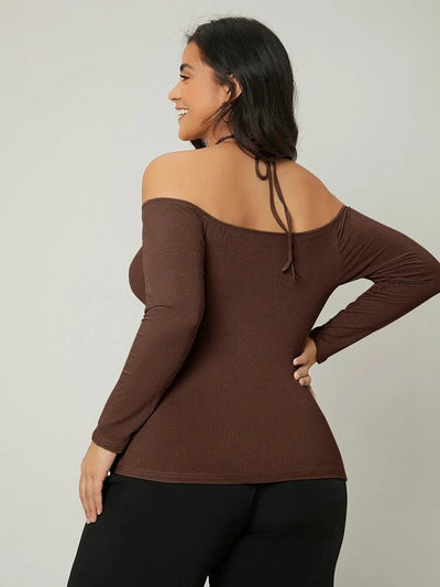 Drop Shoulder Brown Plus Size Top