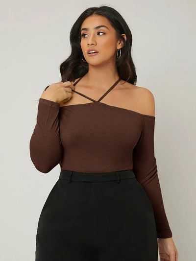 Drop Shoulder Brown Plus Size Top