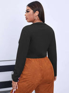 Black Zip Up Rib Long Sleeves Plus Size Top