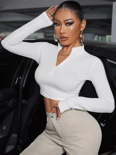 Sporty White Long Sleeves Zipper Crop Top