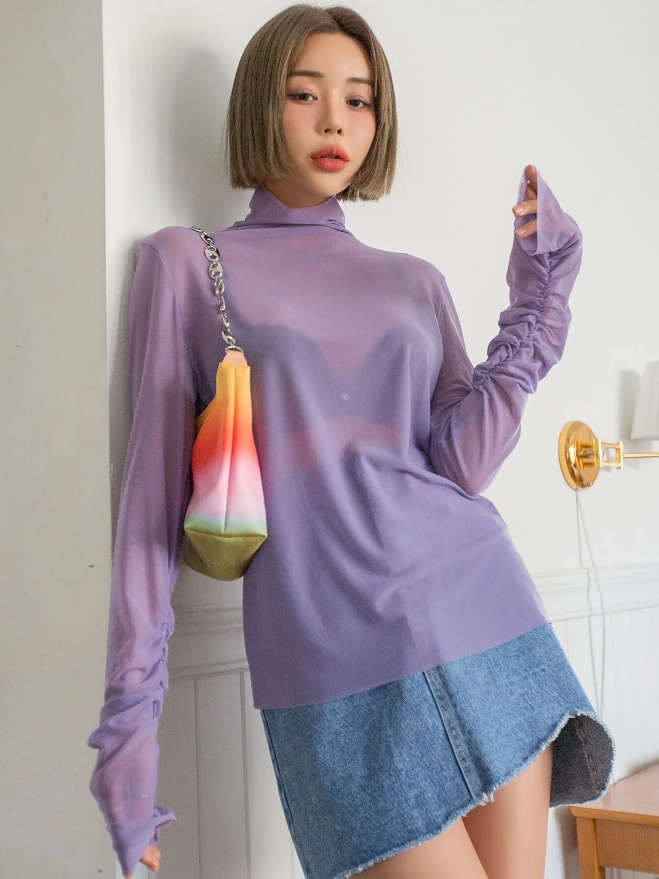 Ruched Sleeve Sheer Top