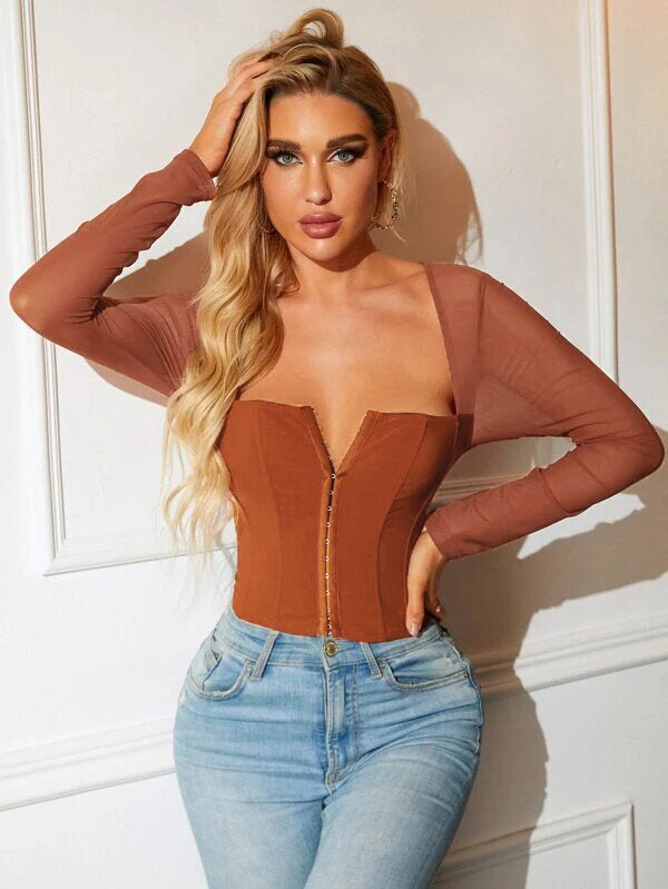 Square Neck Corset Mesh Brown Top