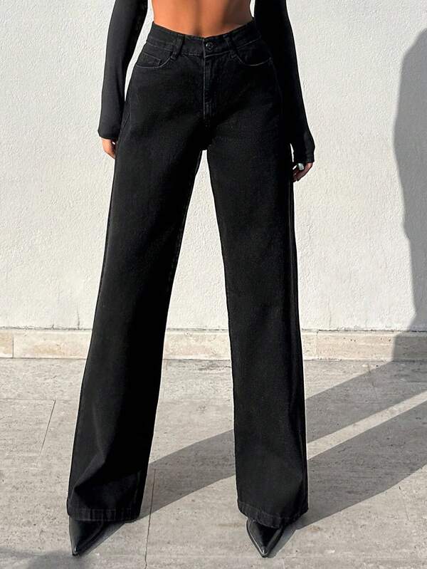 Black Wide Leg High Rise Jeans