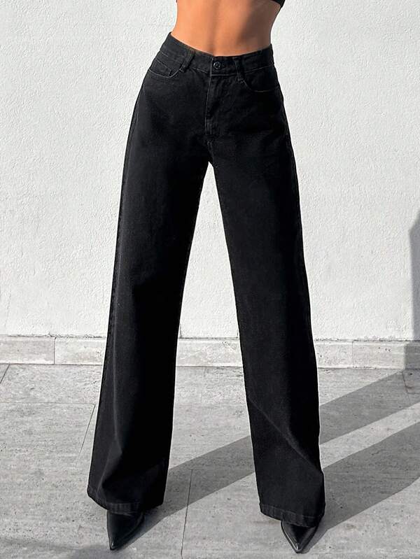 Black Wide Leg High Rise Jeans