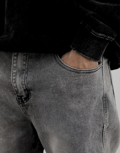 Grey Worn In Wash Loose Fit Straight Leg Denim