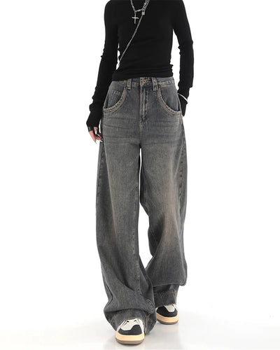 Grey Vintage Washed Wide Leg Baggy Jeans