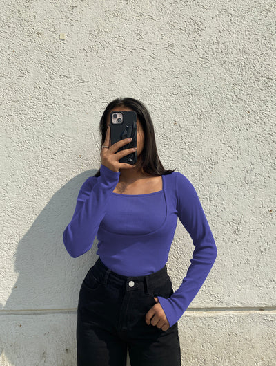 Blue Scoop Neck Rib Knit Top