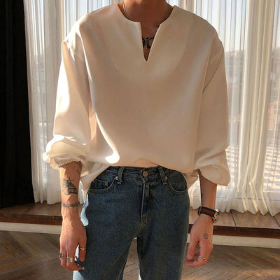 V Neck Cuff Details Long Sleeve Korean Shirt