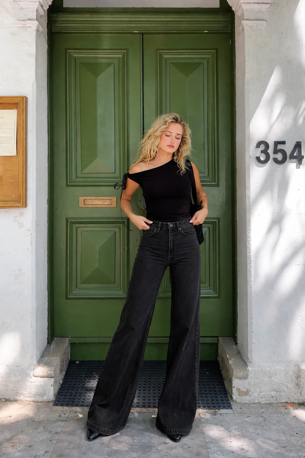 Onyx Black Stone Wash Wide Leg High Rise Jeans