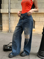 Off Beat Distressed Blue Baggy Jeans
